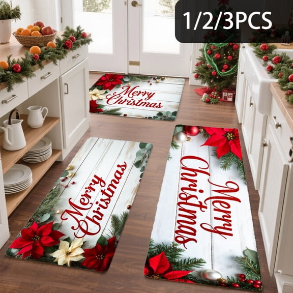 3PCS Kitchen Mat set, Welcome Door Flannel Rug,Home Decor for Front Door,Kitchen, Bathroom, Merry Christmas Poinsettia Snowflake Pine Branches ,Great Thanksgiving Day