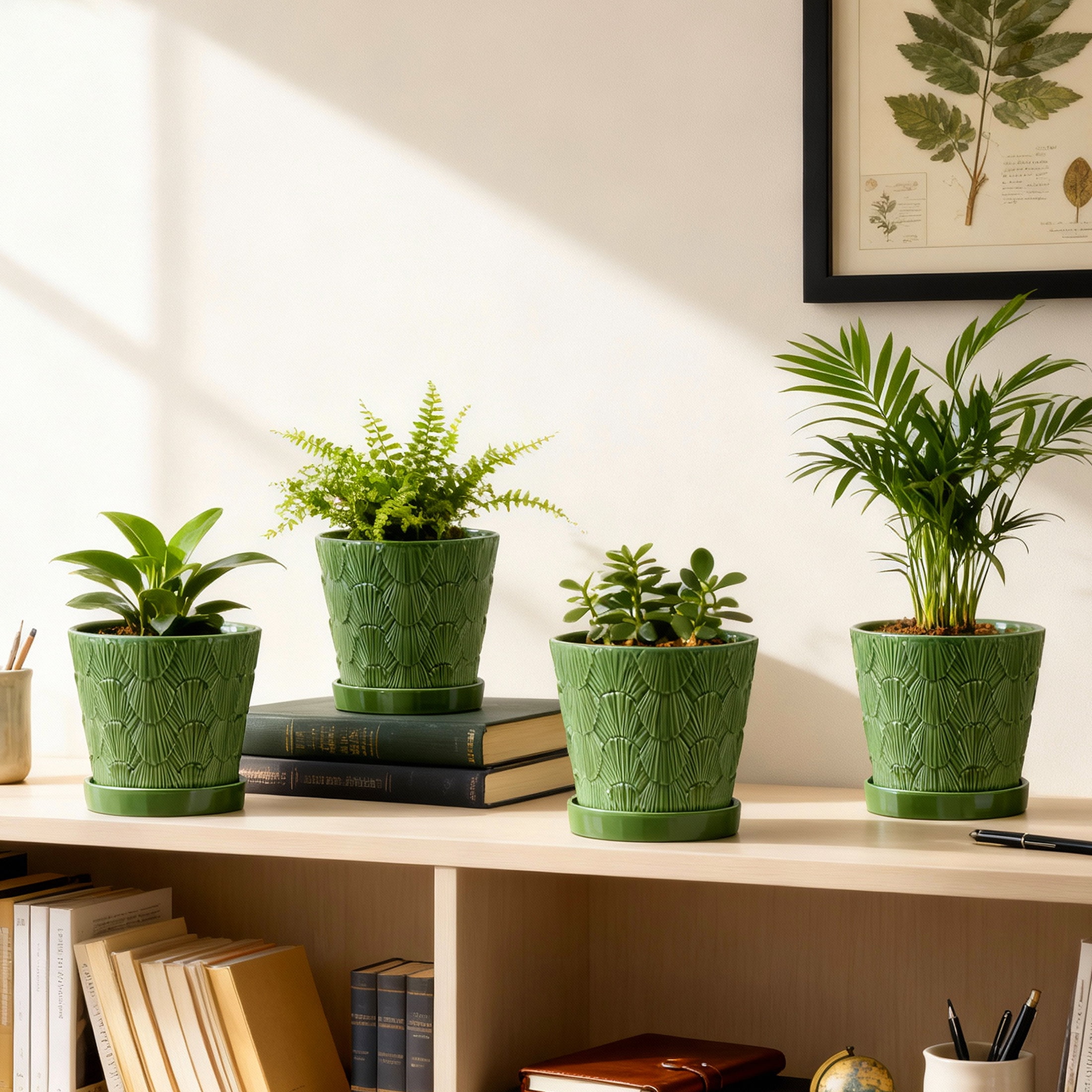 BUYMAX 5 inch Green Ceramic Flower Pots with Scallop Shell Pattern, Set of 4 - Decorative Planters with Drainage Holes & Trays - Perfect for Spring Herbs, Succulents, Windowsill & Balcony