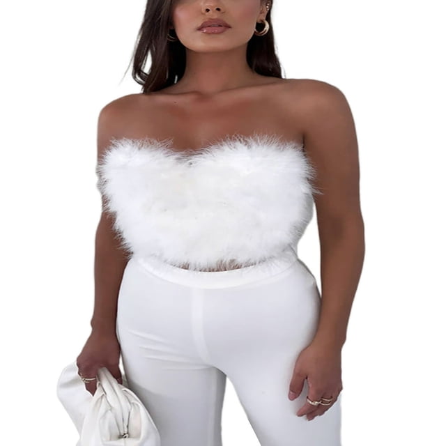 PENGXIANG Haut Court en Plumes pour Femmes, Haut en Fausse Fourrure à Bretelles Spaghetti, Haut Court Tube, Tenue de Soirée Boîte de Nuit