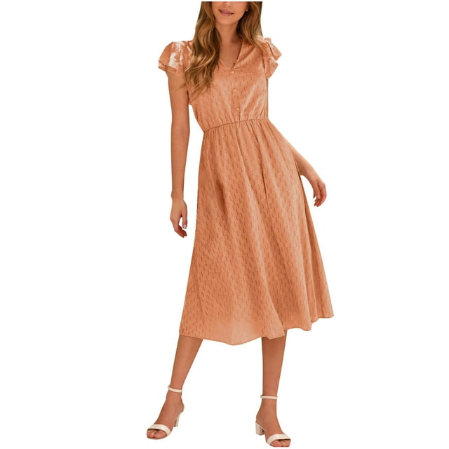 Camisetas de Manga Larga de Cuello V de la Mujer de la Moda de Color Sólido de Manga Corta Vestido Hueco, Botón Vestido de Cintura Elástica para Ocasional Y Fiesta
