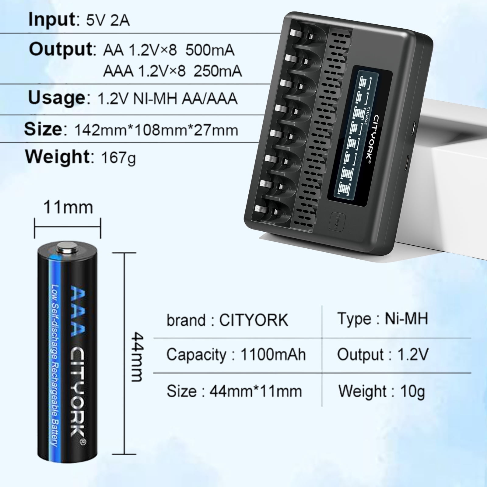 16 AAA Rechargeable Batteries with High Capacity Low Self Discharge 1.2v Ni-MH Batteries with 8 Bay AA AAA Smart LCD Independent Slot Battery Charger