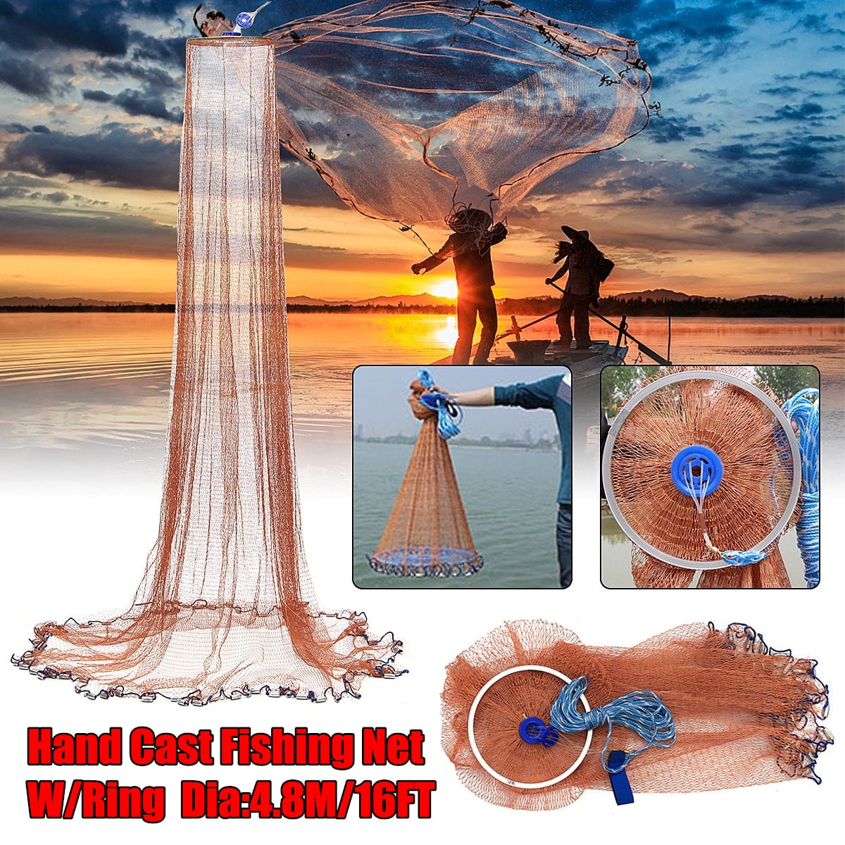 8/12FT Hand Cast Fishing Net Nylon Spin Aluminum Ring Catch Network Bait Mesh VC 