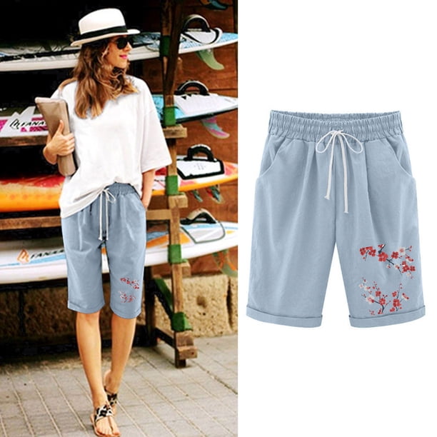 Puntoco Pantalones cortos deportivos para mujer Pantalones cortos con cordón y estampado de cintura elástica para mujer