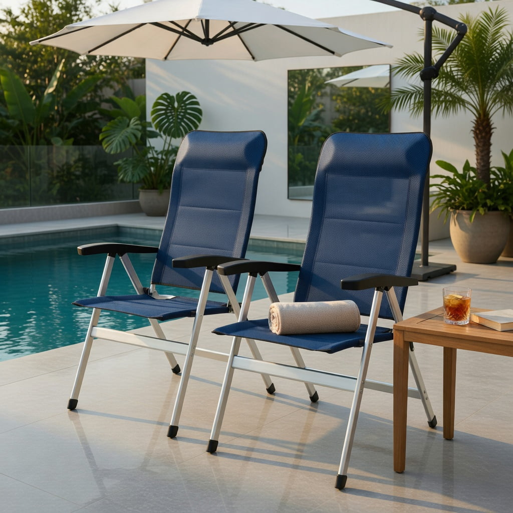 Hommoo 2-Pack Foldable Outdoor Dining Chairs with 7-Position Adjustable Backrest, Aluminum & Iron Patio Seating, Space-Saving Design, Navy Blue