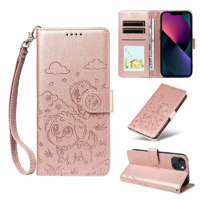 Funda Cartera GANGXUN con Diseño de Perrito en Relieve para iPhone 13 , Protección 360° con Ranuras y Correa Desmontable