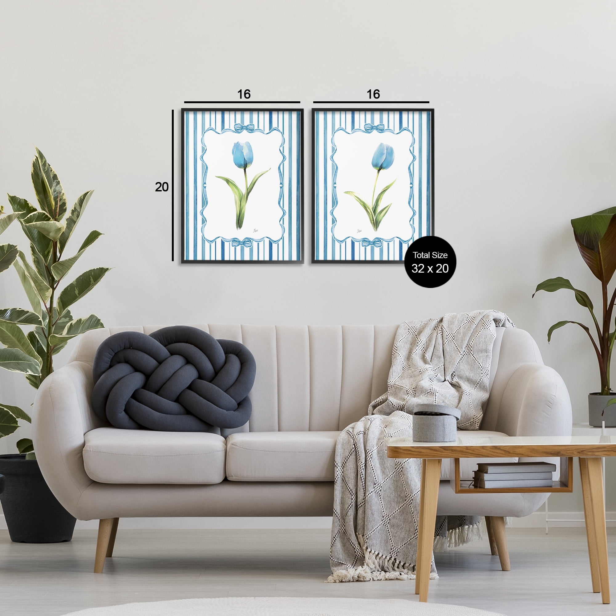 Stupell Industries Blue Tulips with Feminine Ribbon 2 Piece Black Framed Giclee Art Set, design by Nan