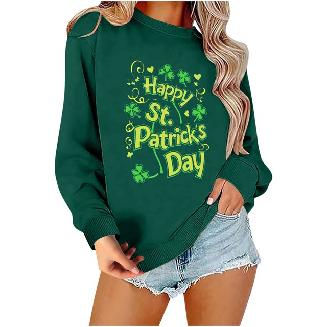 VKOYWKM Happy St. Patrick's Day Sweatshirts pour Femmes Chandails à Col Rond à Imprimé de Lettres Drôle Coupe Ample Manches Longues Vert