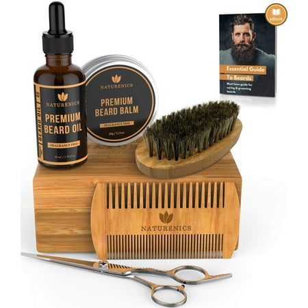 Naturenics Premium Beard Grooming Kit for Mens Care - 100% Organic Unscented Beard Oil, Beard Brush, Dual Teeth Comb, Mustache & Beard Balm Butter Wax, Barber Scissors with Bamboo