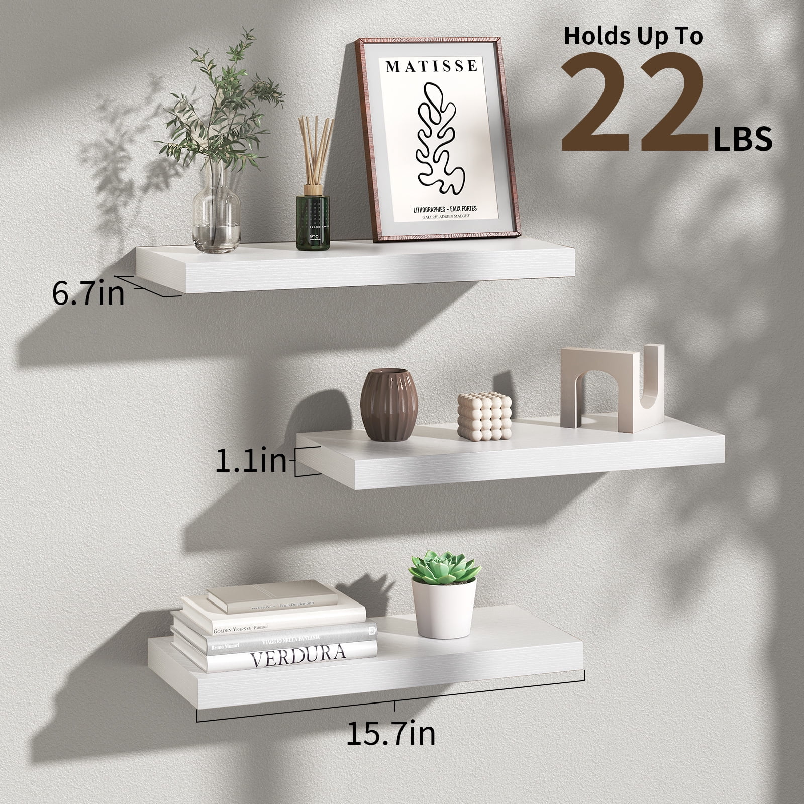 Ophanie 16 inch 3 Pack Wood Floating Shelves, Hanging Float Shelf for Bathroom, Bedroom, Living Room, Kitchen with 22lbs Capacity, Wall Mounted Decorative Shelves, 16 x 6.7x 1.1 Inch, Set of 3, White