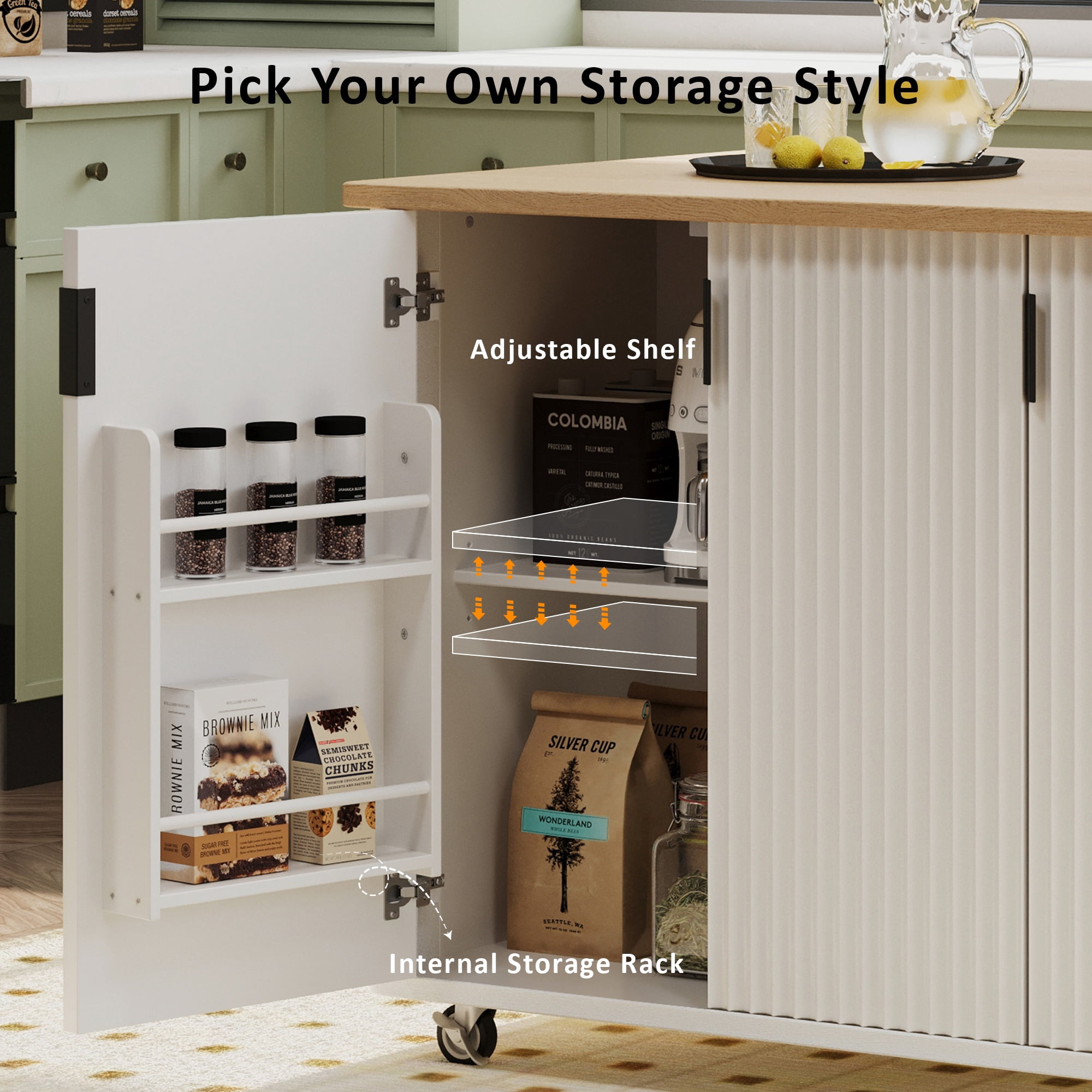 Alvantor 51" Fluted Kitchen Island with Storage, Drop Leaf Cart, Towel Rack, White Ash