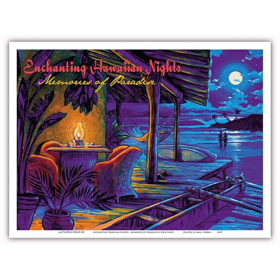 Enchanting Hawaiian Nights - Memories of Paradise - Romantic Moonlit Beach - Vintage Hawaiian Travel Poster by Rick Sharp - Master Art Print (Unframed) 9in x 12in