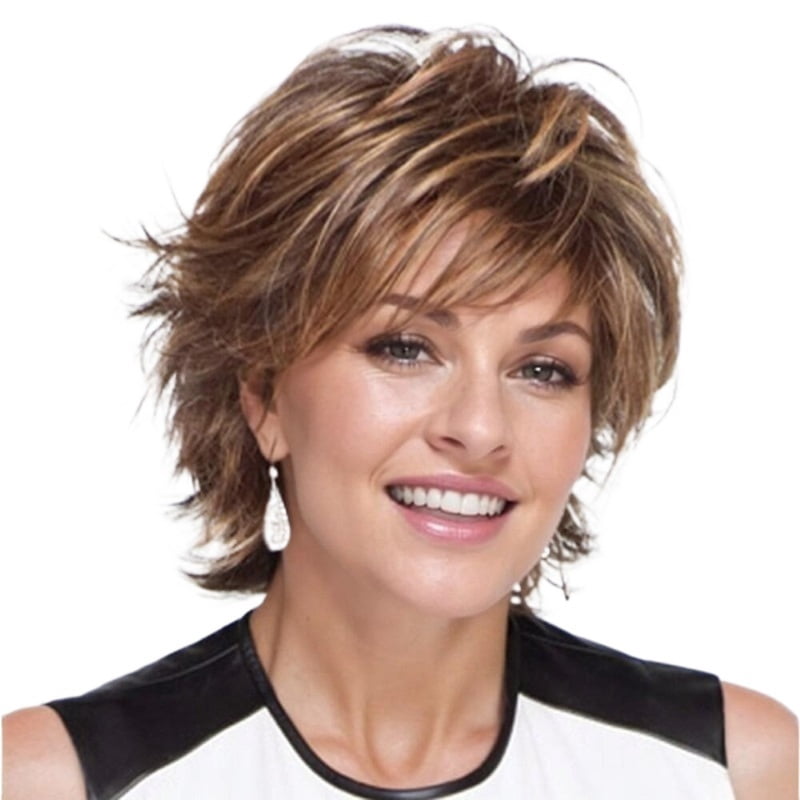 Women's short hair wig with outward curls, mixed brown to gold gradient gold, fashionable and natural, suitable for daily life and parties