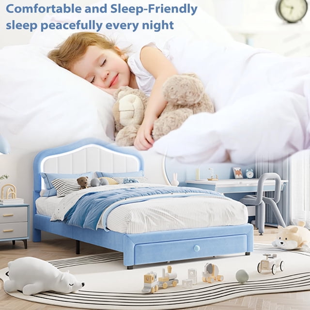 Suede Princess Upholstered Bed Frame with LED Headboard & Storage Drawer,Wooden Slats, Noise-Free, Heavy-Duty, Low Profile, No Box Spring Needed – Perfect for Kids, Girls, Boys