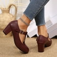 thumbnail image 4 of KEGIRLOM Women's Fashionable Casual Comfortable Plus Size Mary Shoes Solid Color Round Toe Buckle Heel Heel T-Strap High Heels Wine Size 9, 4 of 9