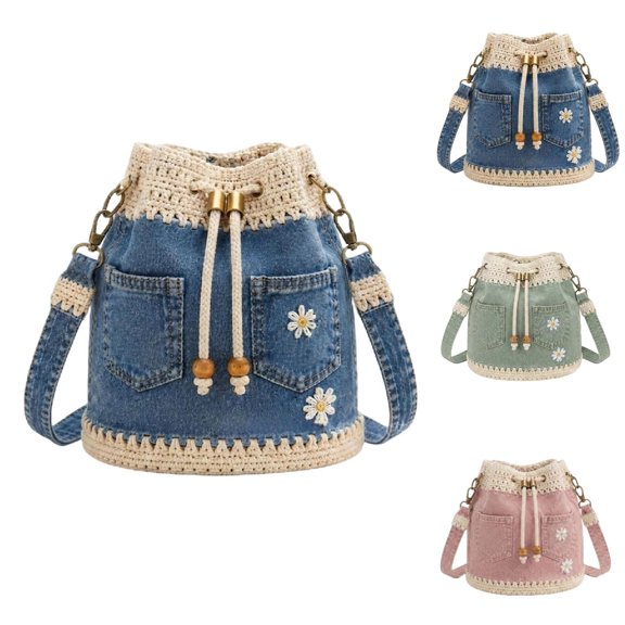 Denim Crochet Bucket Bag, Drawstring Crossbody Shoulder Purse, Boho Jean Handbag with Daisy Embroidery and Adjustable Strap