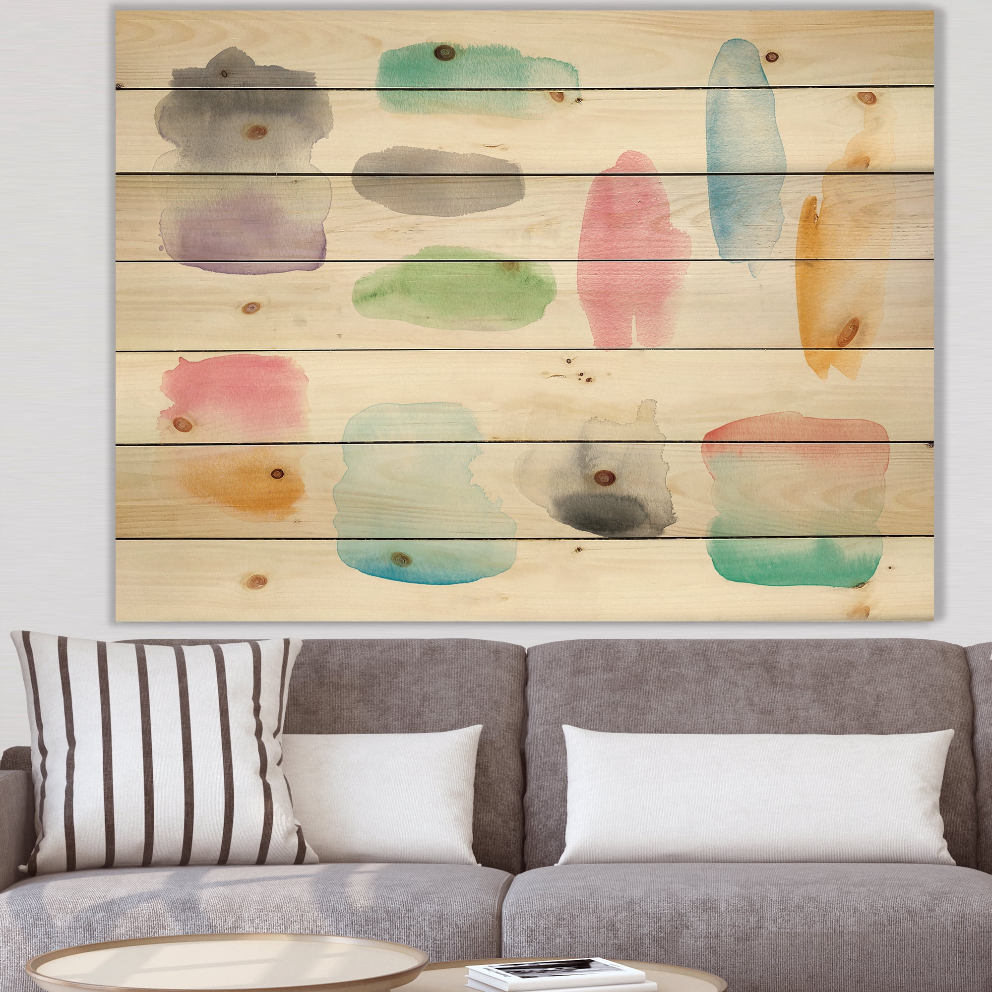 Designart 'Watercolor Geometric Swatch Element III' Mid-Century Modern Print on Natural Pine Wood