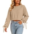 thumbnail image 2 of SSZMDLB Women Long Sleeve Eyelet Cropped Hem Pullover Sweater Tunic Top Cute Casual Winter Fall Fashion Trendy Dressy Solid Knit Basic Clothes for Work, Khaki S, 2 of 9