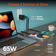 HyperGear SpeedBoost 65-Watt USB-C PD Tri-Port GaN Laptop Wall Charger with PPS and Digital Display (Black), 16299