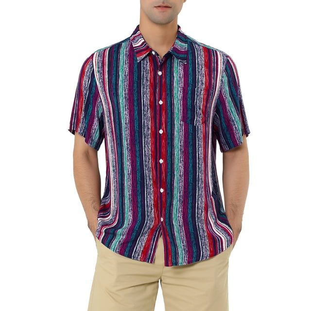 INSPIRE CHIC Chemise à Rayures Verticales pour Homme à Manches Courtes, Boutonnée, Col Pointu