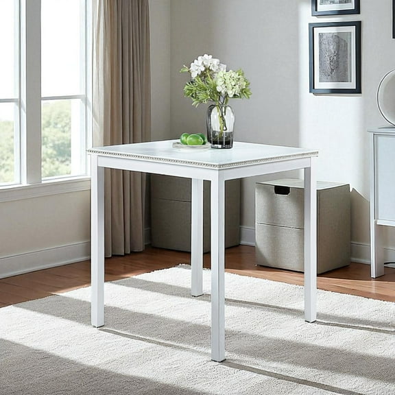 GZXS White Square Dining Table for 4, Modern Wooden Kitchen Table with Crystal Accents Trim, 34.5 Inch Table for Small Space, Dining Room or Apartment