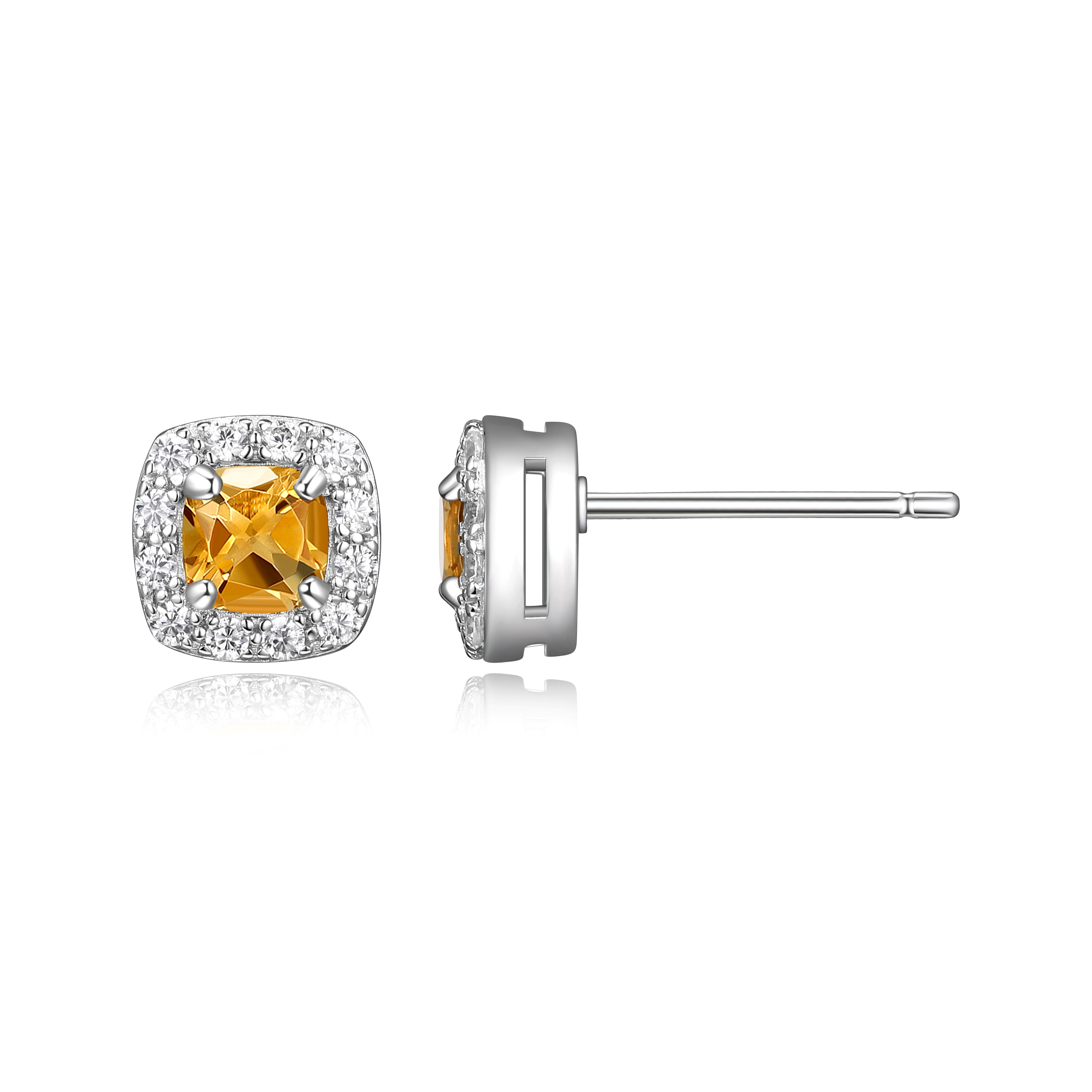 Forever Facets Women's Platinum over Sterling Silver Genuine Citrine and CZ Stud Earrings