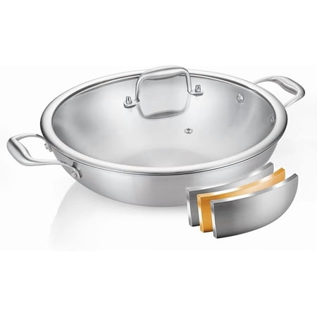 13 Inch Tri-Ply Stainless Steel Flat Bottom Wok with Lid Double Handle