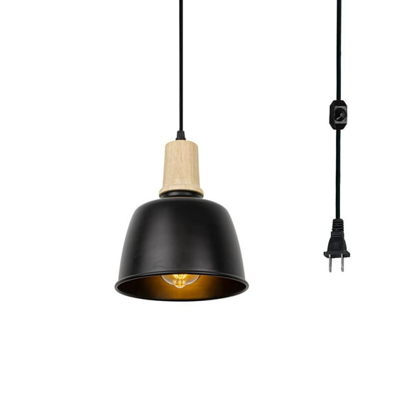KAYYELAMP Dimmable Pendant Light Plug in Cord 15 Feet E26 Wood Base Black Metal Shade Modern Design Hanging Lamp for Kitchen Bar Stairs Farmhouse(No Bulb)