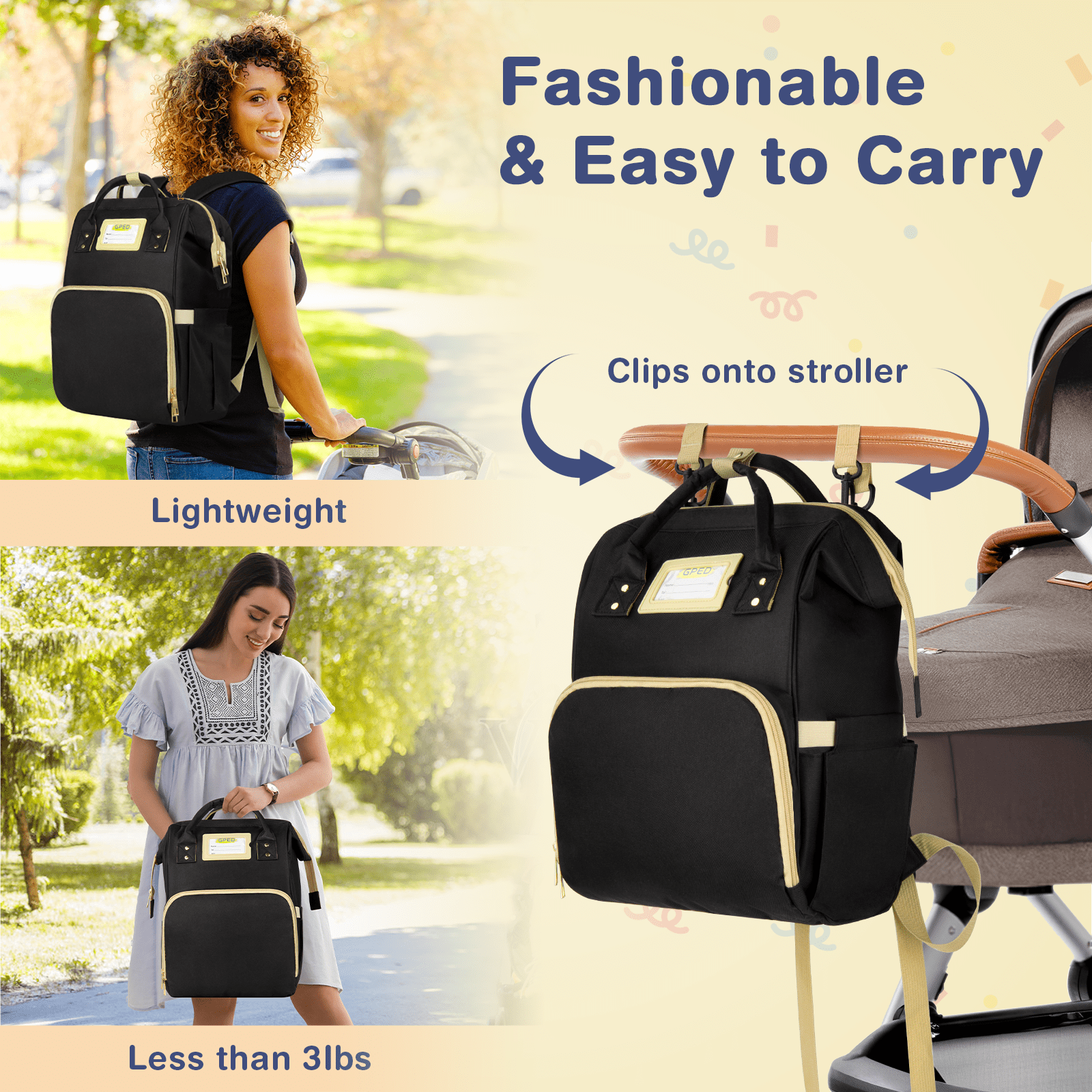 GPED Large Capacity Multifunction Diaper Bag Backpack with Insulated Pockets, Black