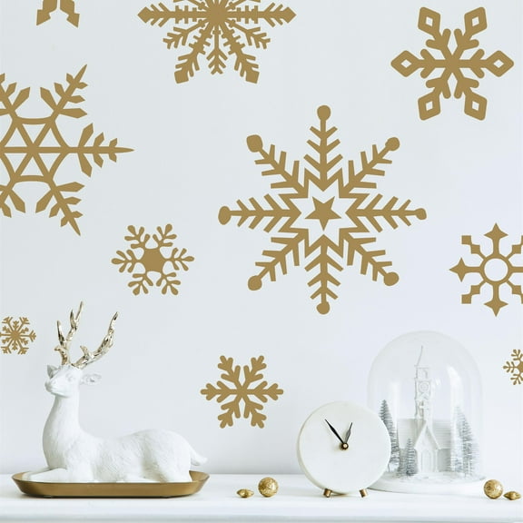 Winter Snowflakes Christmas Decals and Decor Vinyl Lettering Decal Stickers Self Adhesive - Jumbo Set- Qty 9 - Sizes Range from 8"-20" - Color: Metallic Gold