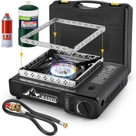 WADEO Dual Fuel Stove Portable Camping Stove with 3FT CGA600 & M16*1 Propane Regulator Hose, Portable & Windshield Camping Stove for Camping Hiking Party