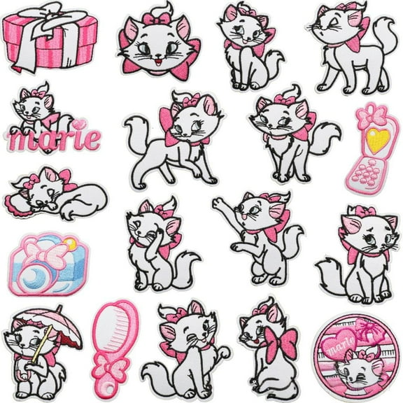 18 Pcs Patches Self Adhesive Patches 3D The Aristocats Embroidered Marie Applique Sewing Badges Patch for Fabric Clothing Jackets Jeans DIY