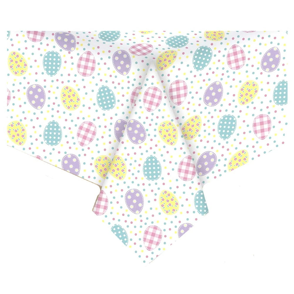 Easter Vinyl Tablecloth Flannel Backed PEVA, Decorated Eggs and Polka