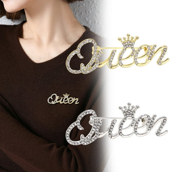 Tnobhg Fashion Rhinestone Queen Letter Brooch Pins for Women Luxury Crown Corsage Party Wedding Gifts Clothing Accessories