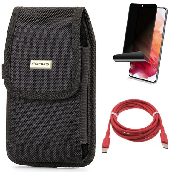 Red 6ft Long Cable & Case Belt Clip & Privacy Screen Protector for Samsung Galaxy S22 (6.1") - USB-C to Type-C PD Fast Charger & Rugged Holster & TPU Film Fingerprint Works Accessory Bundle