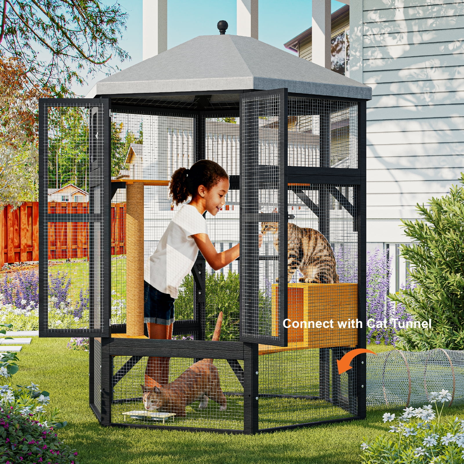 TIMHAKA 65" Catio Outdoor Cat Enclosure, Large Cat House w/ Waterproof Roof, Window Access, Multiple Platforms & Scratching Post for Multi-Cat Use, Black & Yellow