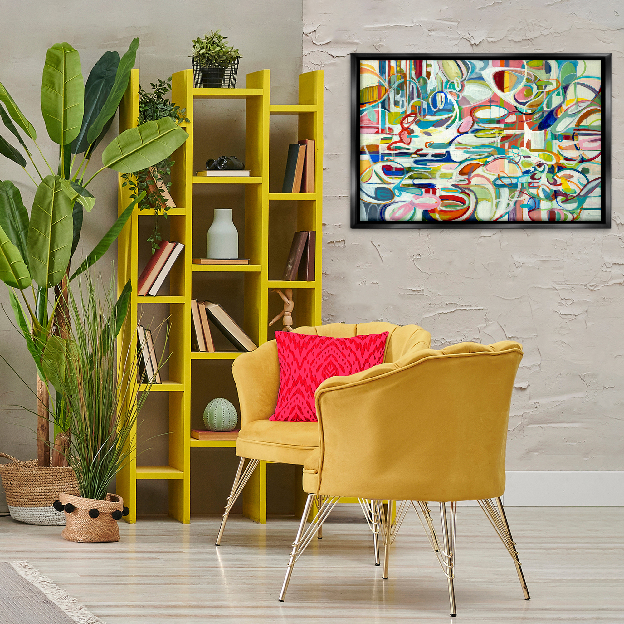 Stupell Industries Round Geometric Pattern Abstract Painting Black Floater Framed Canvas Art Print Wall Art, 31 x 21