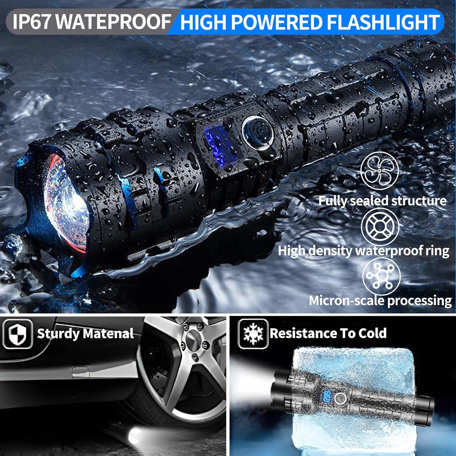 Rechargeable Flashlights High Lumens 990000 Lumens Laser Tactical Flashlights , 5 Modes Powerful Handheld Hunting Flashlight for Emergency Hiking Battle（Carry a safety hammer）