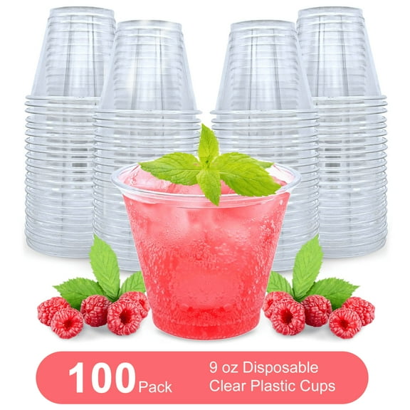 DEIKAL 100 Pack 9 oz Clear Plastic Cups, Sturdy & Food Safe Disposable Plastic Cups, 100 Count, (100 Pack)