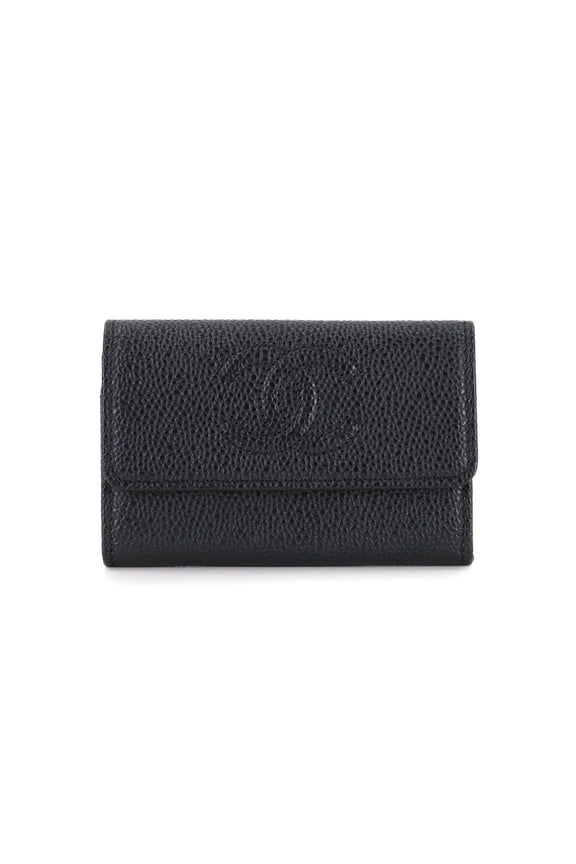 Pre-Owned CHANEL Business Card Case, Caviar Leather, Black with Silver Hardware and Coco Mark.