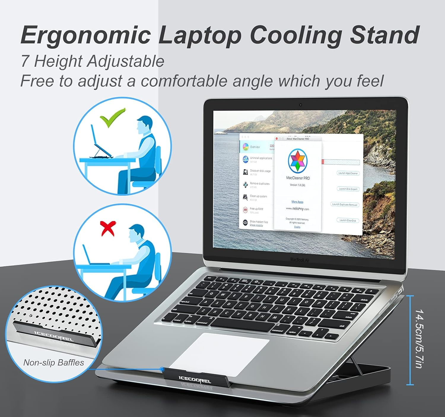 Aluminum Laptop Cooling Pad Cooler Stand with 7 Height Adjustable Fan Pad for 12-15.6 Inch Notebook Two USB Port (Silver)