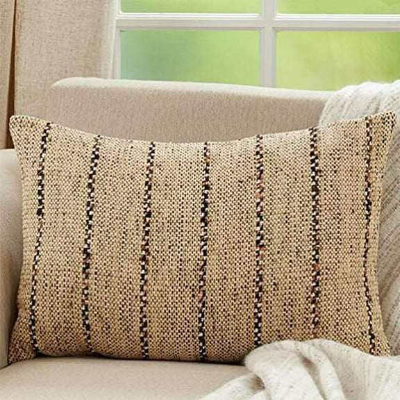 Fennco Styles Casual Woven Striped Cotton Decorative Lumbar Throw Pillow Cover 16" W x 24" L - Natural Cushion Case for Home, Couch, Bedroom, Living Room and Office Décor