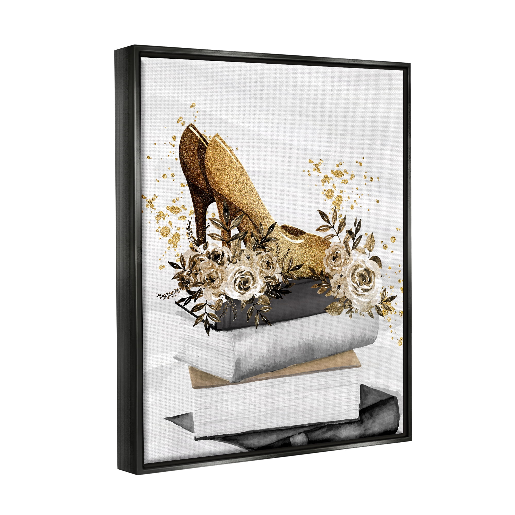 Stupell Industries Dazzling Floral Heel Shoes Trendy Books Stacked Graphic Art Jet Black Floating Framed Canvas Print Wall Art, Design by Kim Allen
