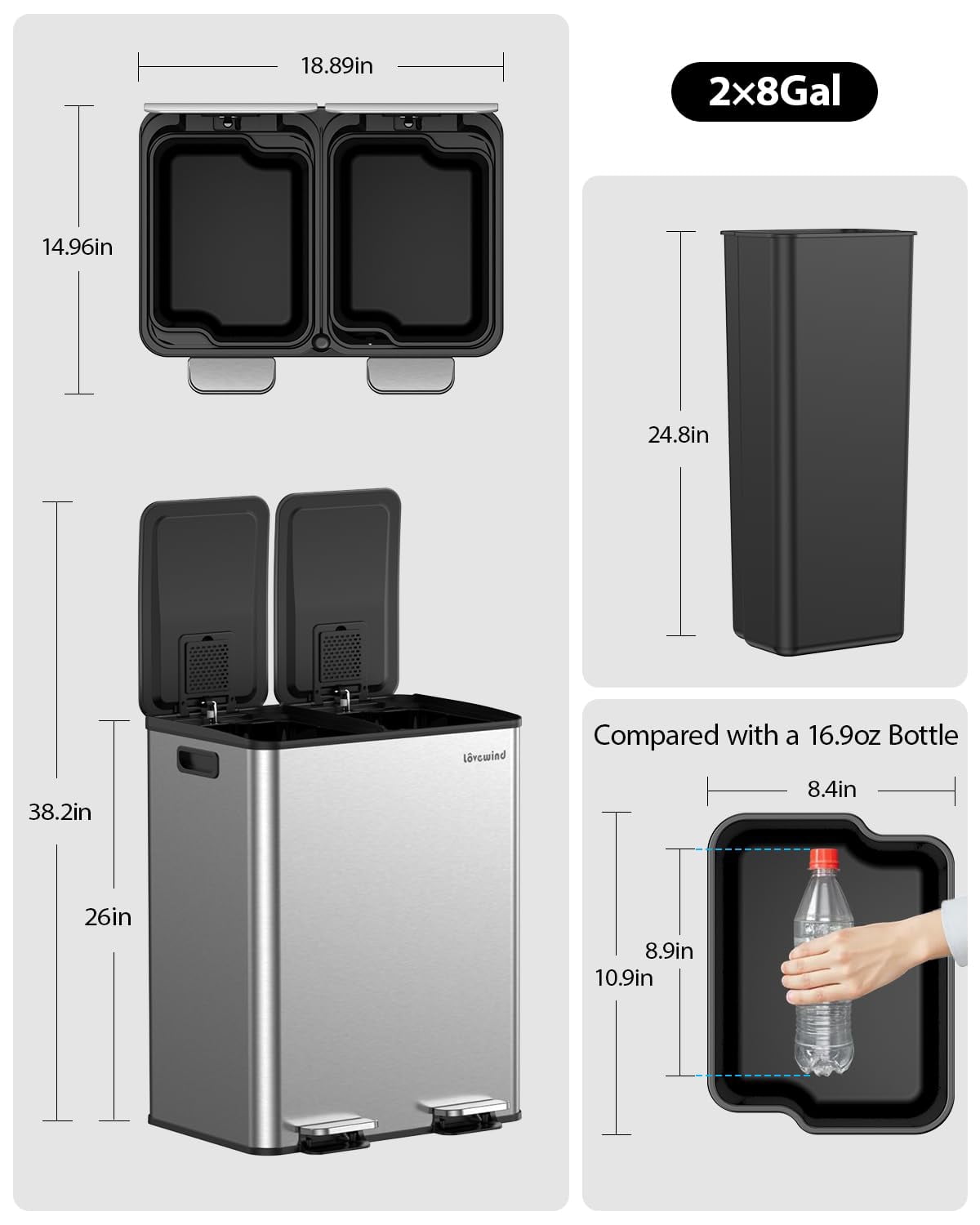 Dual Compartment Kitchen Trash Can, 2 x 8 Gallon (2 x 30 L) Stainless Steel Trash and Recycle Bin Combo with Soft-Close Lid, Dual Compartment Recycling Kitchen Step Trash Bin, Odor Proof, Hands Free,