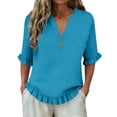 thumbnail image 5 of RMGVDSD Womens Summer Tops 3/4 Sleeve V Neck Button Down Shirts Ruffled Hem Solid Color Casual Basic Shirt Everyday Comfort Tees Casual Loose Blouses, 5 of 7