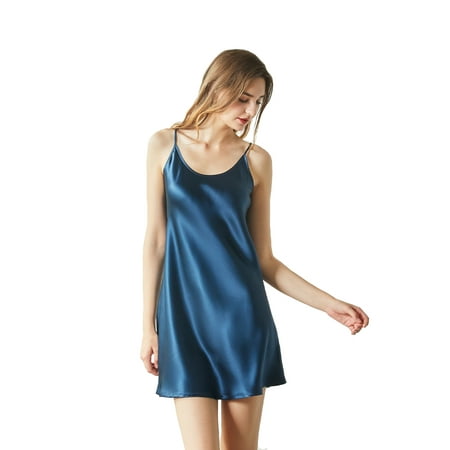 THXSILK 100% Mulberry Silk Nightgown for Women  22 Momme Silk Sexy Lingerie  Sleeveless Slip Dress  L  Navy Blue