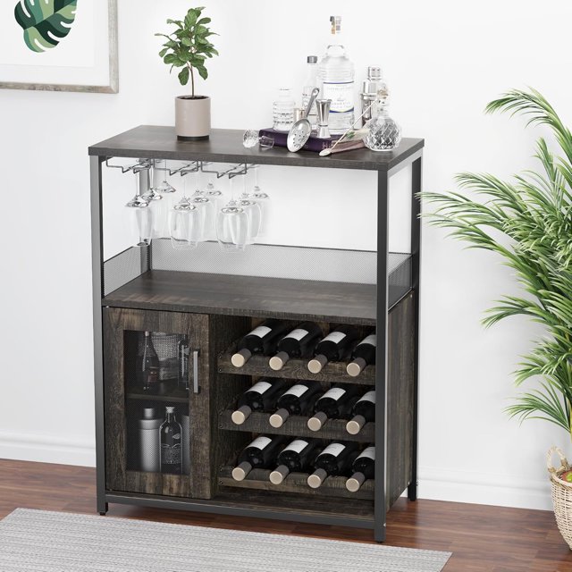Garvee Wine Bar Cabinet with Detachable Wine Rack, Glass Holder, Dark Grey