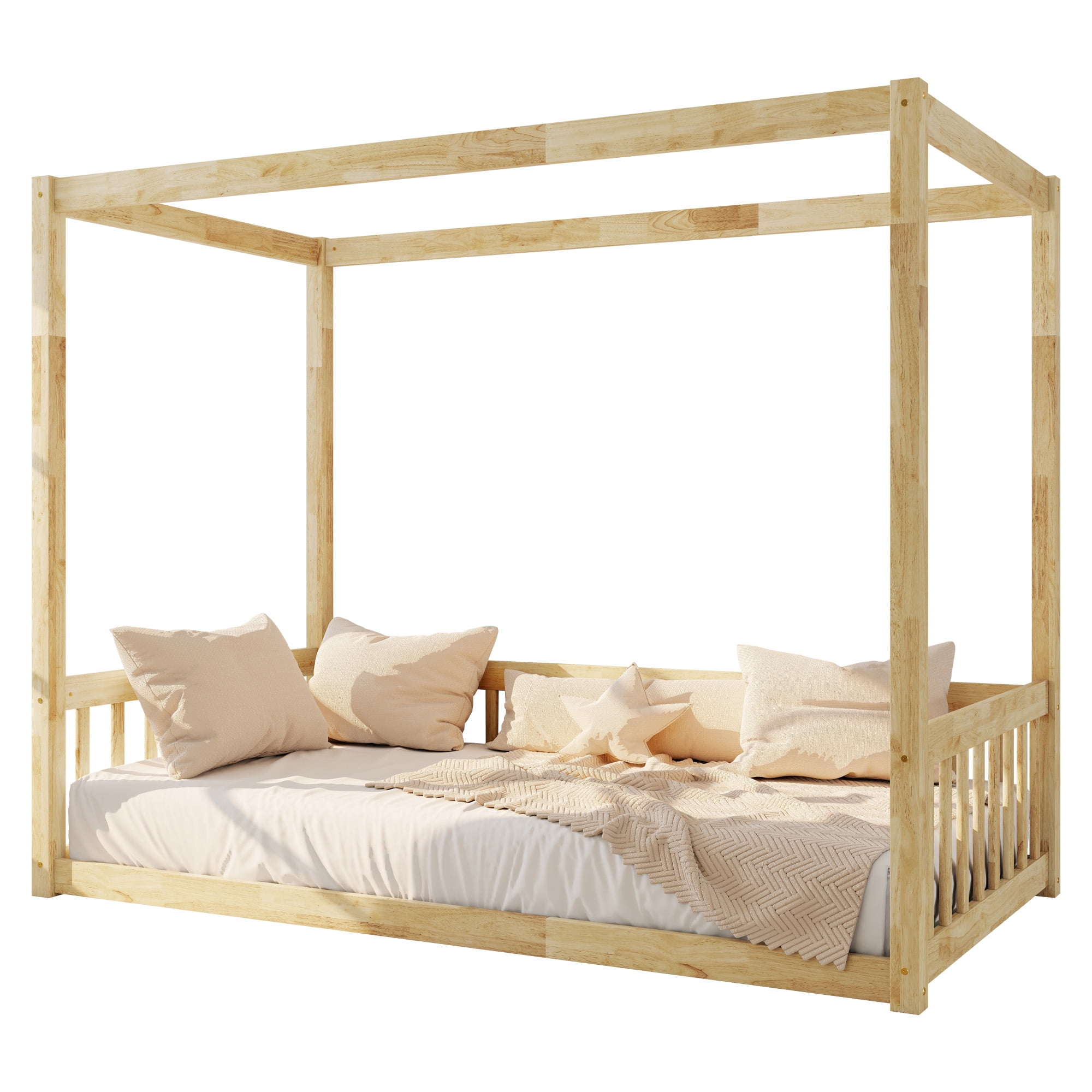Alvantor Twin Size Floor Bed with Canopy Fence Guardrails for Kids Children Toddler Girls Boys, Natural