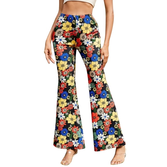 XIAONU Womens Floral Print Flare Pants High Waist Bell Bottom Trousers For Retro Hippie Party