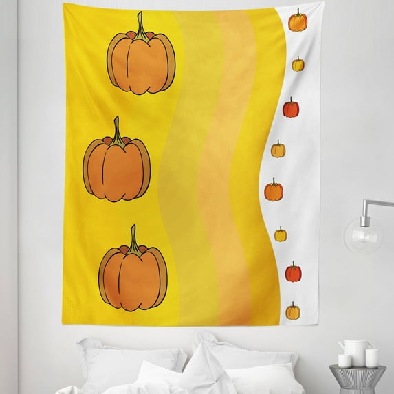 Fall Pumpkin Tapestry, Harvest Themed Illustration of Autumn Fruit on Wavy Look Backdrop, Fabric Wall Hanging Decor for Bedroom Living Room Dorm, 5 Sizes, Pale Orange and White, by Ambesonne