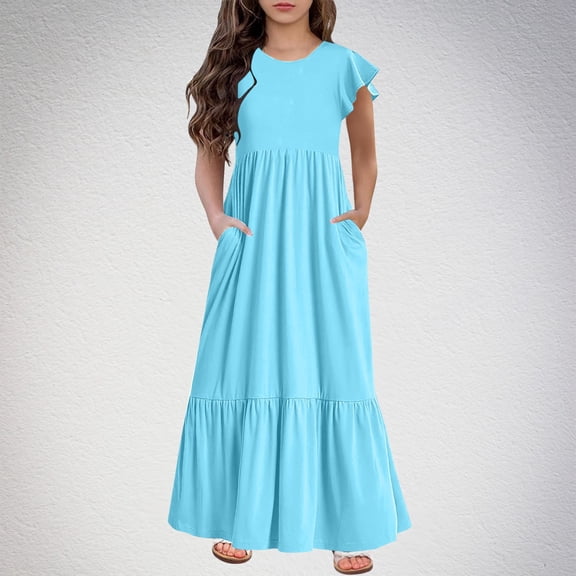 Summer Girls Dresses with Pockets Size 6-12 Ruffle Short Sleeve Toddlers Kids Casual Solid Crewneck Beach Long Maxi Dress